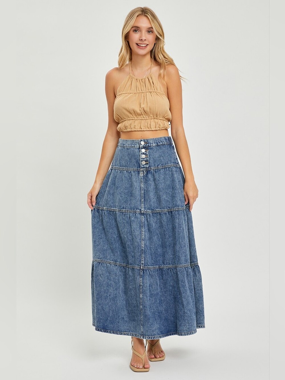 RISEN Medium Wash Tiered Maxi Skirt Button Elastic Pull On Cotton Various NEW